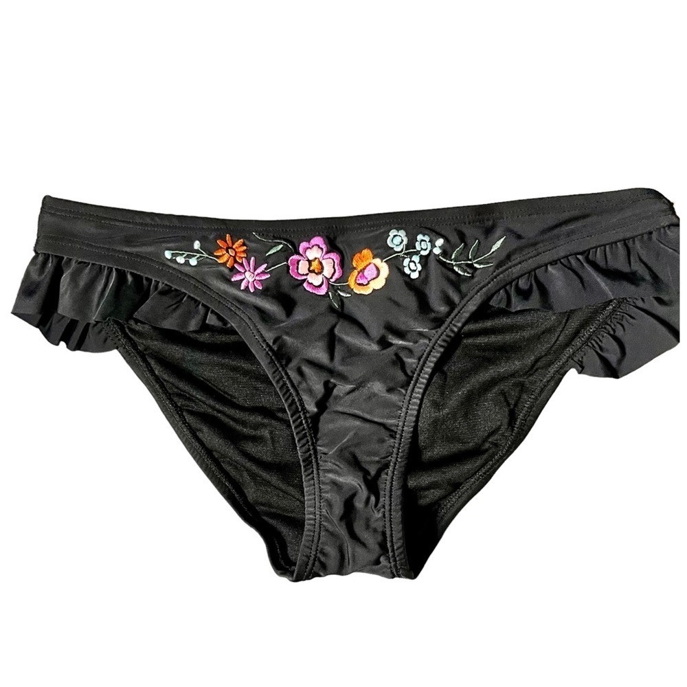 California Sunshine Floral Embroidered Bikini Bottoms Size Small New Black